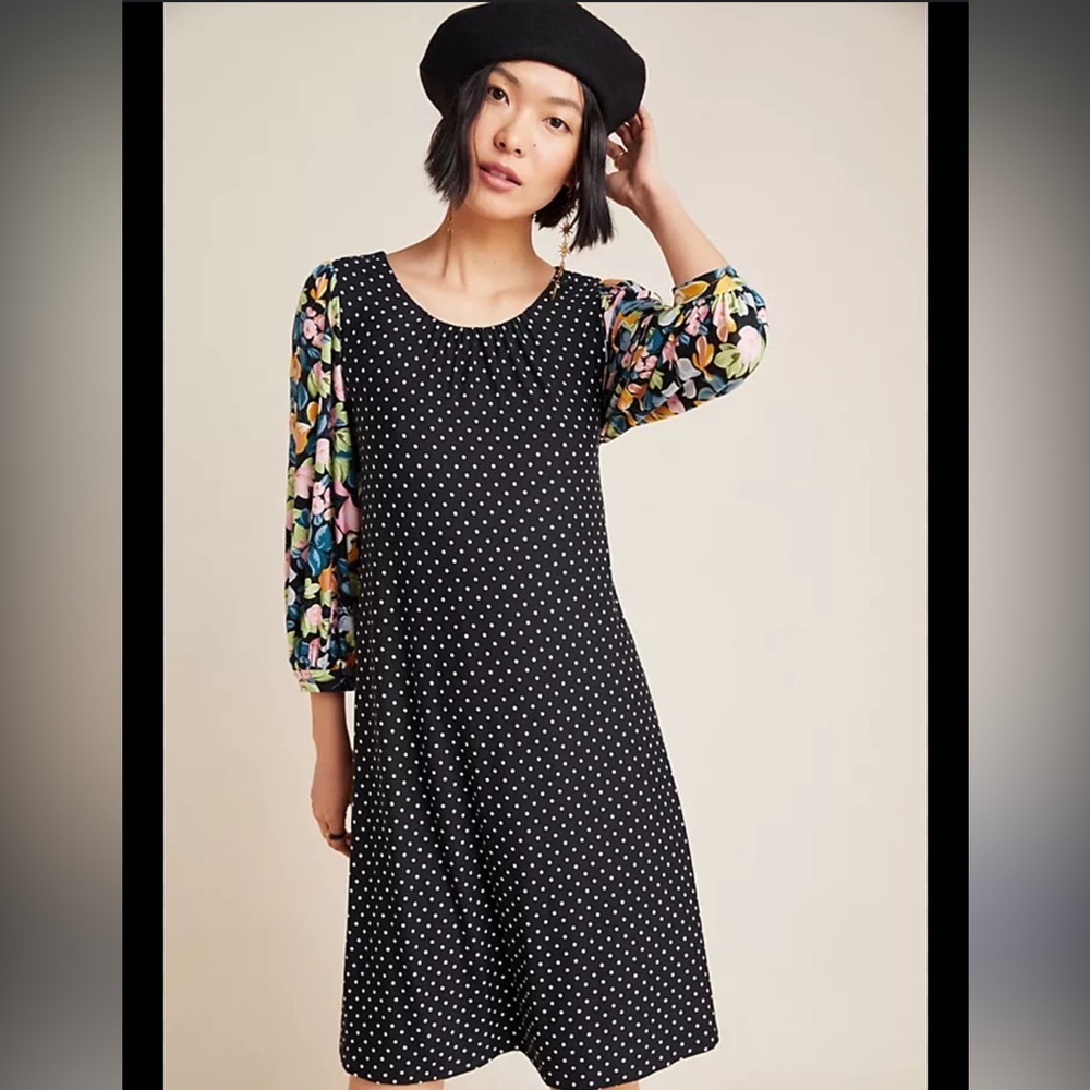 Maeve Black Polka Dot Long Sleeve Dress with Floral Sleeves